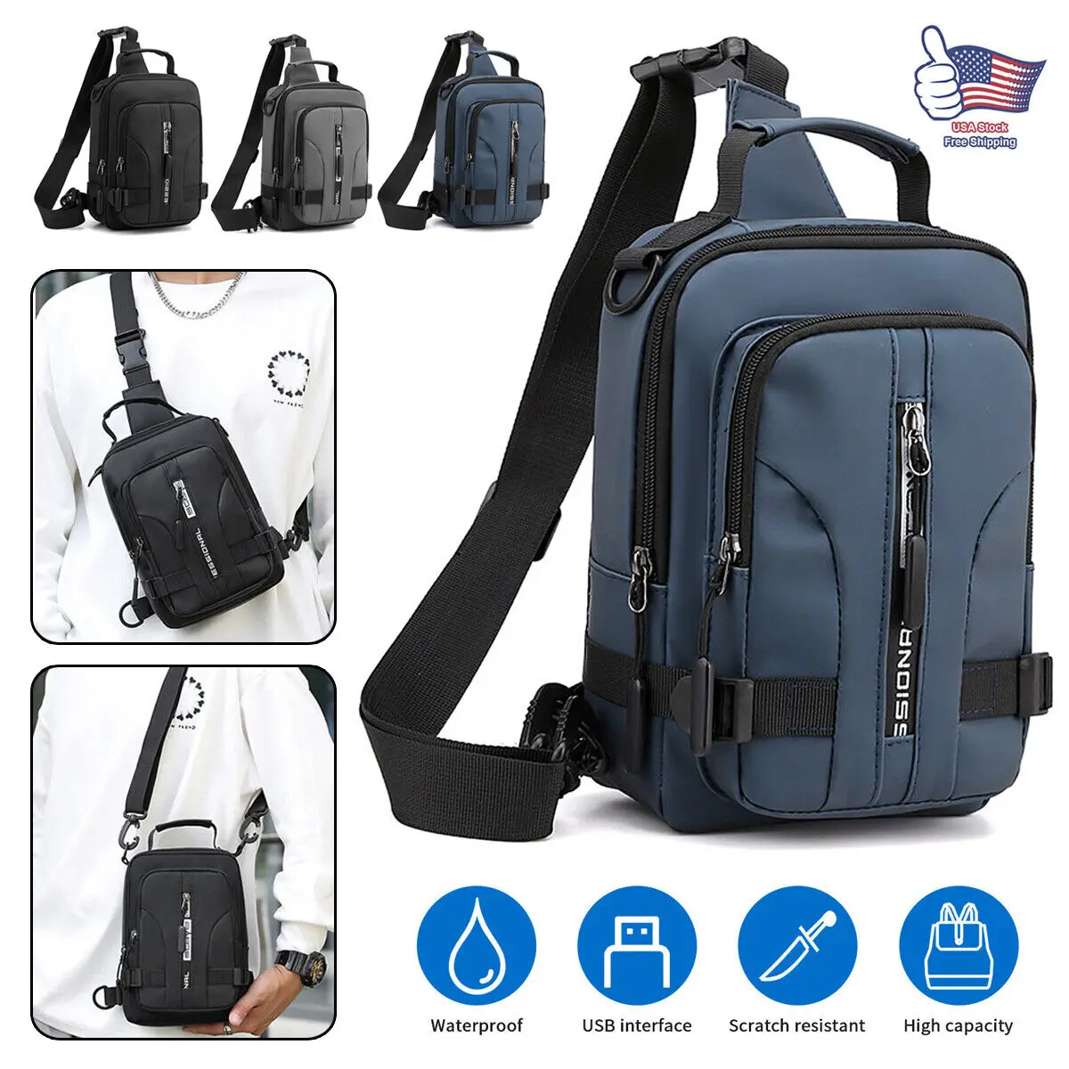 

Men'S Sling Crossbody Bag Anti-Theft Chest Shoulder Messenger Backpack With Usb Port For Outdoor Sports Traveling