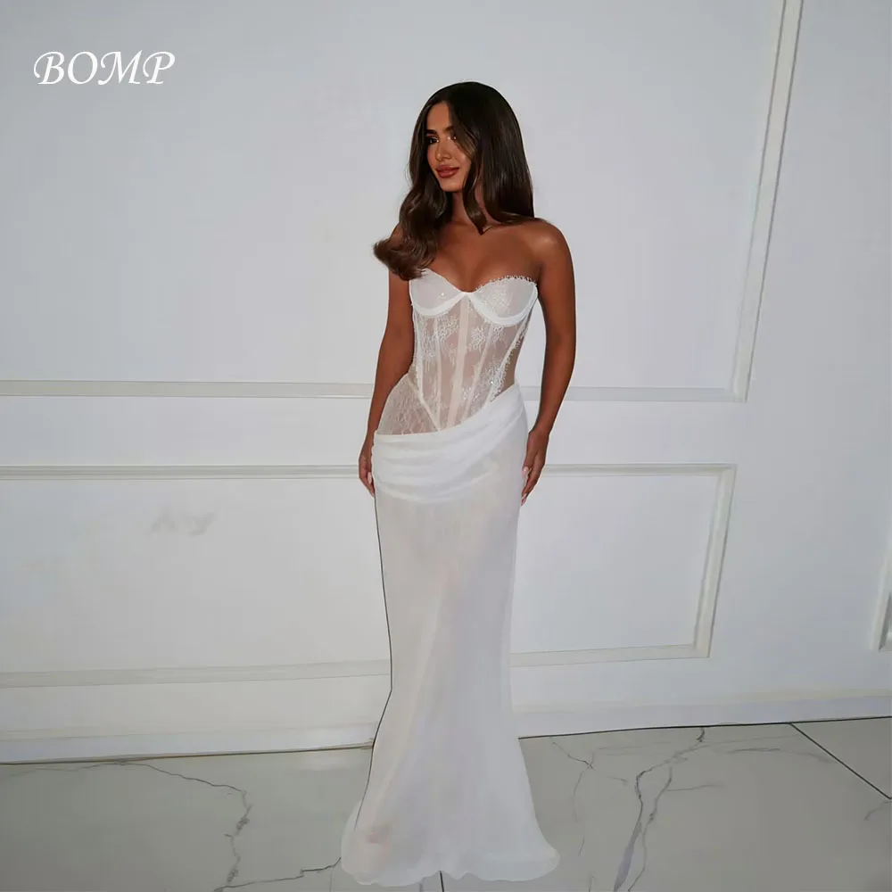 

BOMP Elegant Evening Dress Strapless Corset Draped Mermaid Floor Length White Tulle Special Occasion Party Dresses Customized