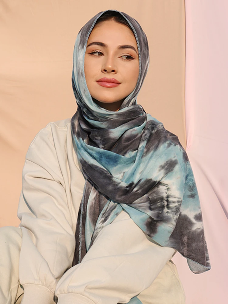 Ombre Tie Dye Jersey Hijab sciarpa stampata scialli di cotone Bufandas Strenchy sciarpe musulmane avvolge fascia elastica stola Ramanda