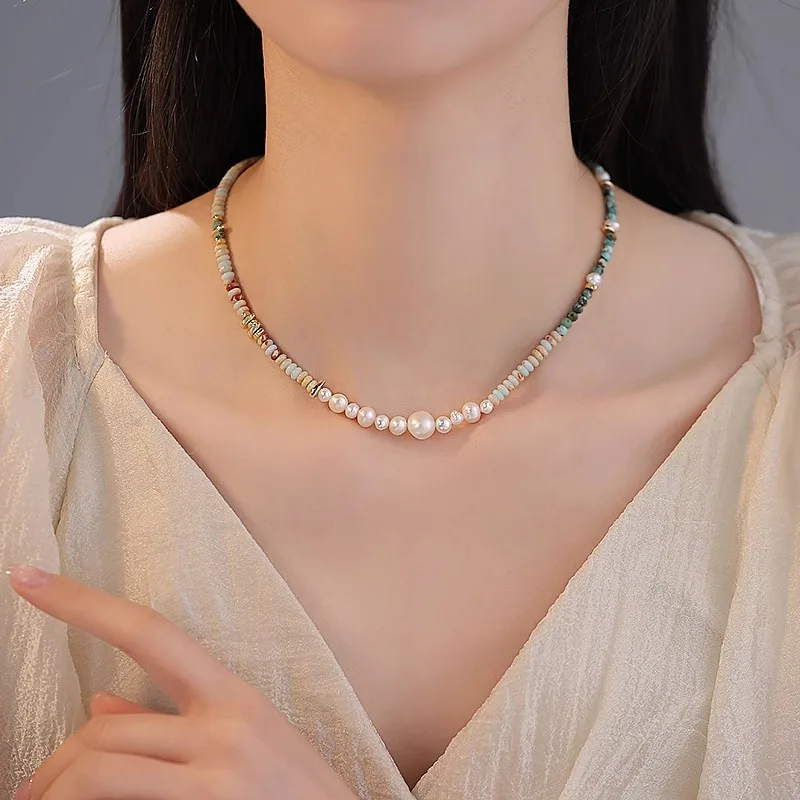 

New Arrival Trendy Mixed Color 14K Gold Filled Natural Stone & Freshwater Pearl Ladies Beads Chain Necklace Jewelry Gift No Fade