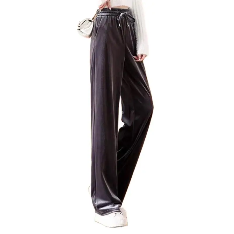 

2024 Autumn New Fashion Streetwear Straight Pants Office Lady Simple Velvet Wide Leg Pants Women Brand Trousers Black Brown Blue