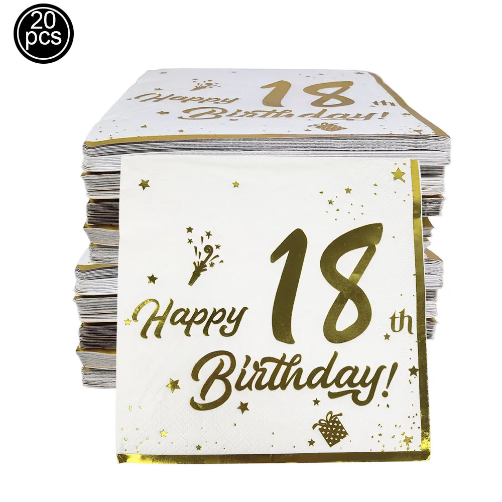 20 قطعة 18th 30th 40th 50th 60th حفلة عيد ميلاد المناديل الذهب الأبيض الزفاف الذكرى المناديل المتاح أدوات المائدة المناديل