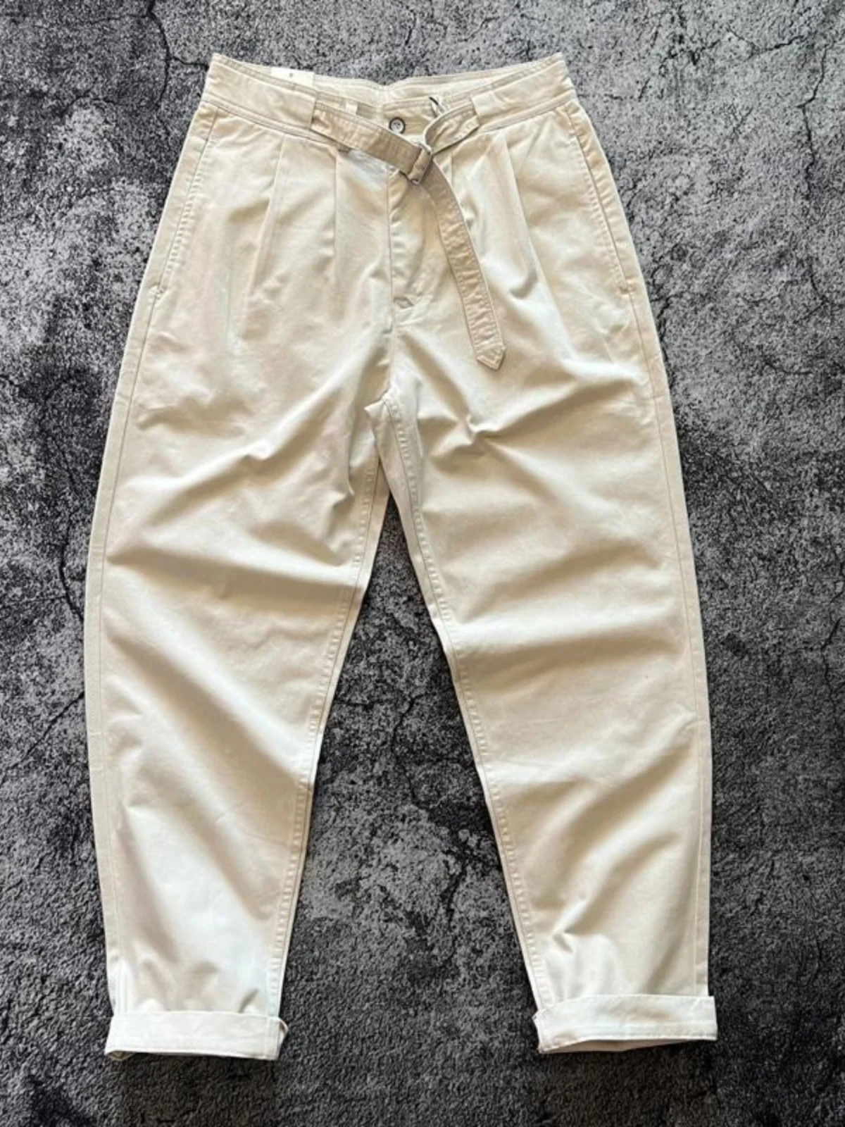 

Retro Briti Sle Khaki Pants Loose Fit Heavyweight Pure Cotton Workwear Tapered Waist Belted Long Straight Leg Casual Trou...