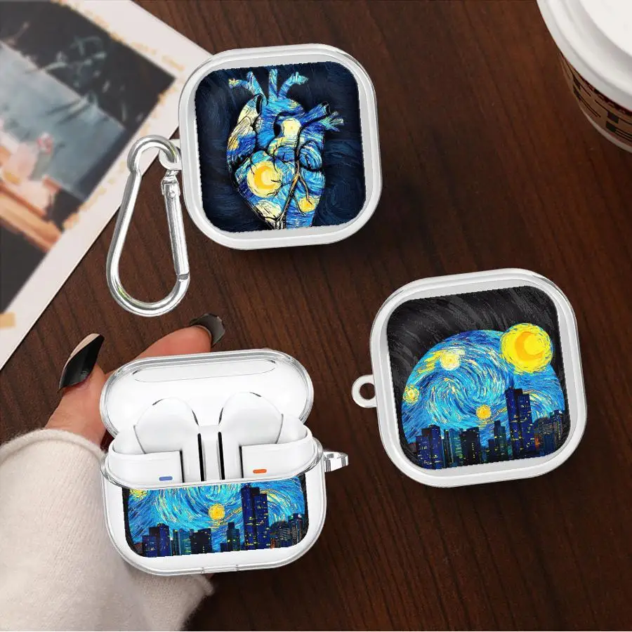 Van Gogh's Starry Sky Clear Earphone Cases Cover With Hook Case For Samsung Galaxy Buds 3Pro 4 Pro 4Pro Live 3 FE 2 2Pro