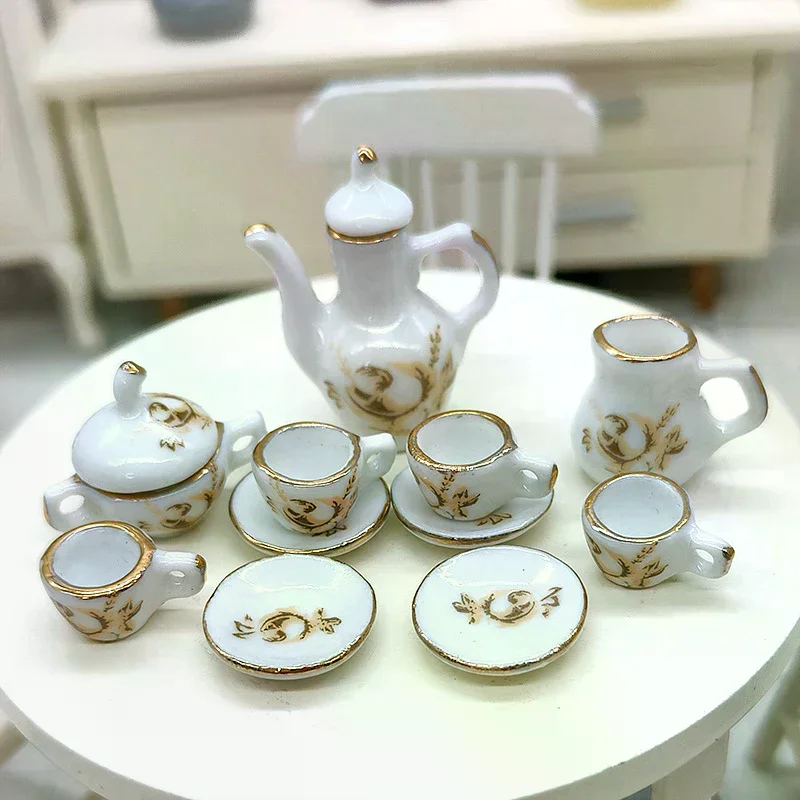 11Pcs/set 1:12 Dollhouse Miniature Ceramic Brown Rose Teapot Tea Set Wine Set Tableware Mini Tea Cup Wine Glass Model Decor Toy