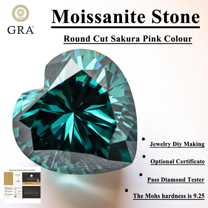 

Top Moissanite Stone Natural Colour Emerald Heart Shape with GRA Certificate Pass Diamond Tester Charms for jewel making