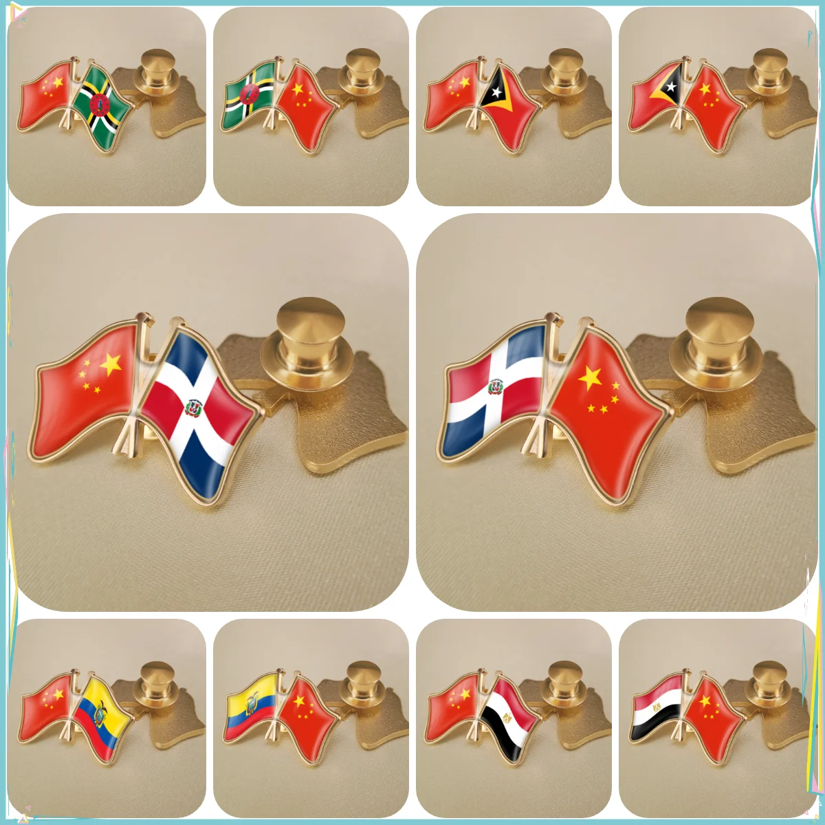 China and Dominican Republic East Timor Ecuador Egypt Crossed Double Friendship Flags Lapel Pins Brooch Badges