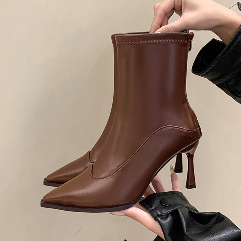 عالية الكعب حذاء من الجلد للنساء أشار تو أحذية أنيقة أنيقة 2025 جديد فاخر تشيلسي الشتاء الأحذية مضخات فستان Mujer بوتاس #5
