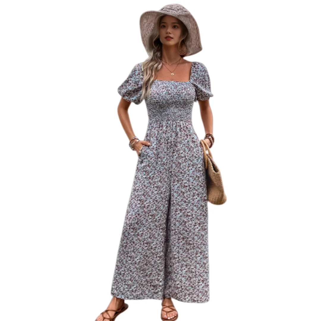 2026年夏 レディースジャンプスーツ 高級パフスリーブ ワイドレッグパンツ、バケーションスタイルの花柄プリント