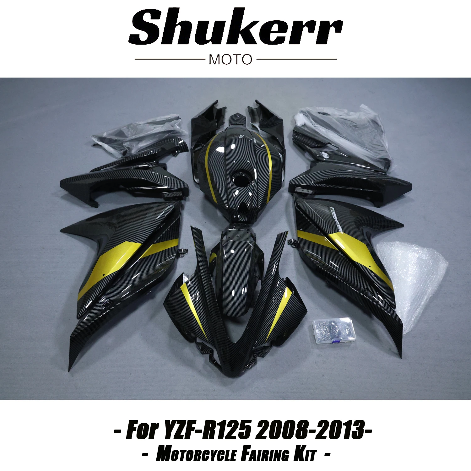 

Комплект обтекателей из углеродного волокна для Yamaha YZF R125 (2008-2012), литье под давлением, черно-золотой, 09-10
