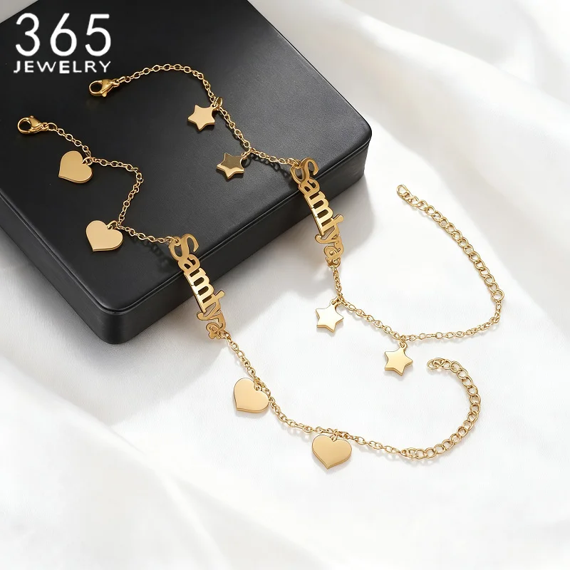 

365 New Arrival Custom Name Bracelets With Hearts Stars Charms Stainless Steel Personalized Jewelry Women Girls Christmas Gifts