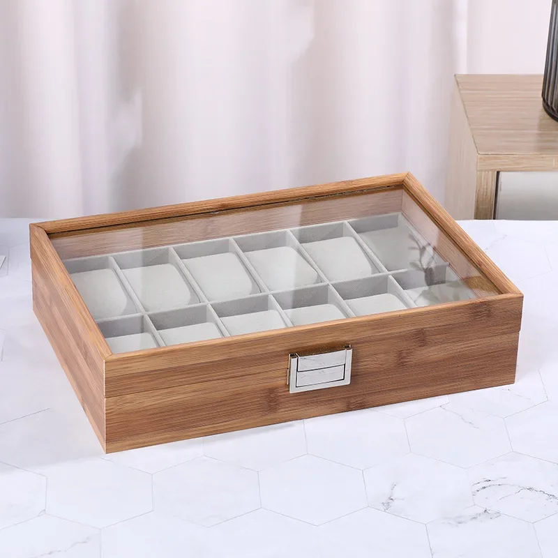 6 10 12Slots Bammboo Wooden Watch Collection Box Case Wrist Watch Storage Case with Glass Top Slot Men Watch Bracket Display Box