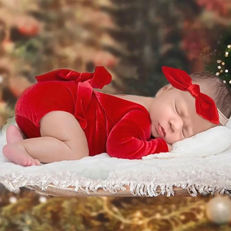 

Baby Girls Photo Clothes Red Jumpsuit Newborn Christmas Costume OnePiece Romper Bowknot Headband Infant Festive Outfit