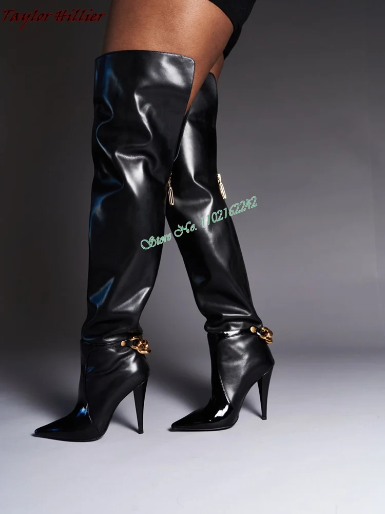 

Autumn And Winter Black Knee Length Boots Women'S Fashion Pointed Thin Heel Back Zipper Gold Chain Decoration High Boots 43