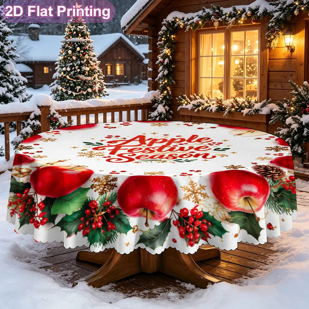 2D flat 1piece round tablecloth with Apple holiday dinner plate pattern - the perfect Christmas gift for a holiday family dinner