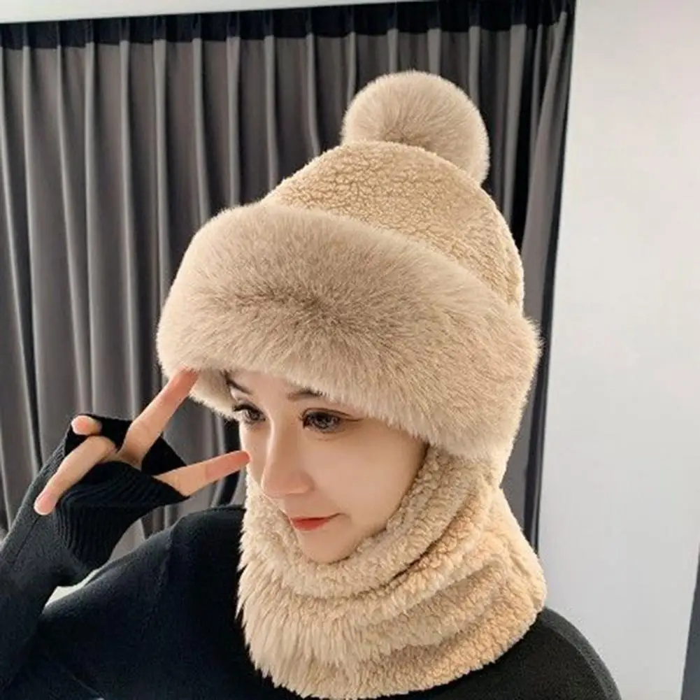 Winter Beanie Elastic Winter Hat with Face-covering Windproof Winter Scarf Set Hooded Soft Plush Warmth Women Hat Outdoor Ski