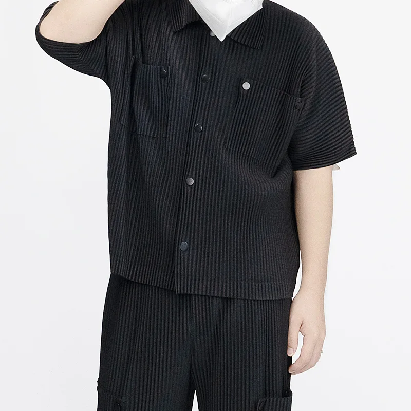 Pleats Pleated Original Pants Suit 2024 Spring And Summer Short-sleeved Jacket Loose Black Shirt Japanese Casual Jacket Clothing