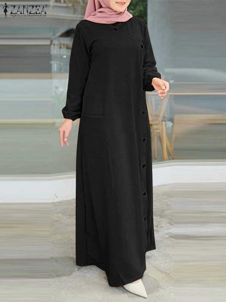 ZANZEA Women 2024 Muslim Long Dresses Casual Loose O Neck Long Sleeve Textured Abaya Robes Islamic Hijab Buttons A-line Vestidos