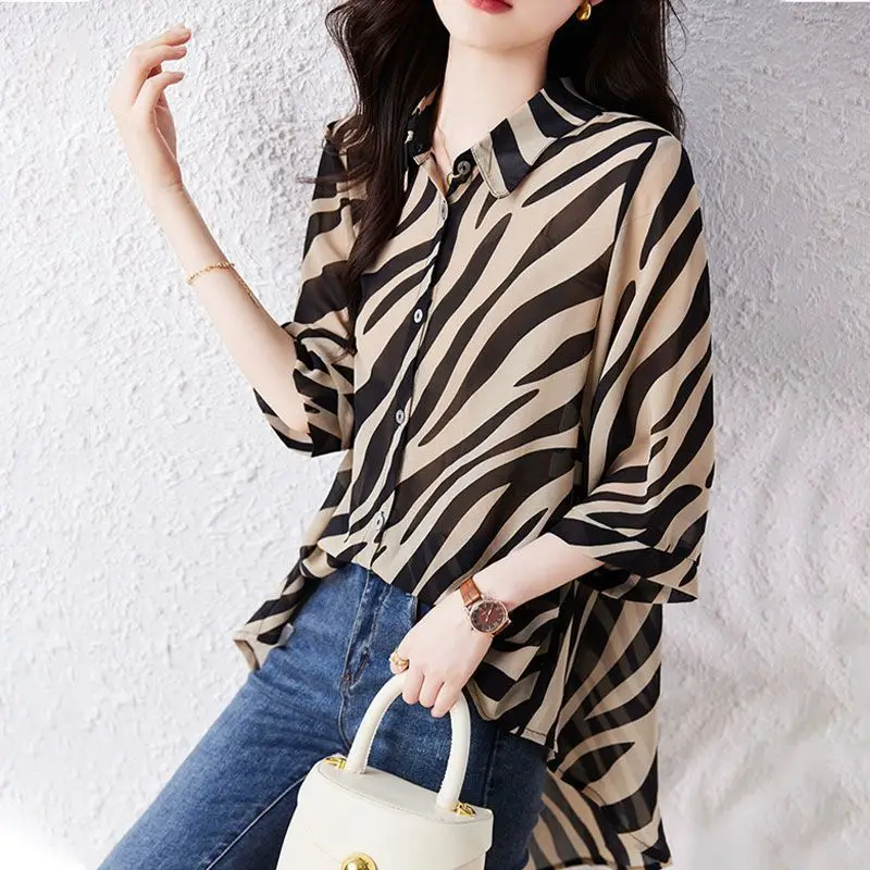 Stylish Zebra Printed Loose Blouse Women\'s Clothing Commute Single-breasted 2024 Spring Summer 3/4 Sleeve Korean Polo-Neck Shirt