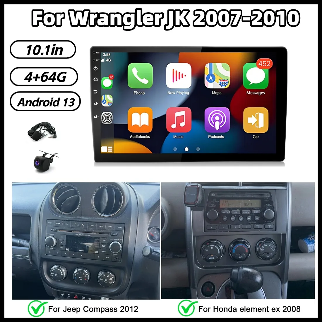 

10.1in 4+64G Android 13 Car Stereo Radio For Wrangler JK 2007-2010 GPS Navi Head Unit Bluetooth WiFi RDS SWC DVR Split Screen