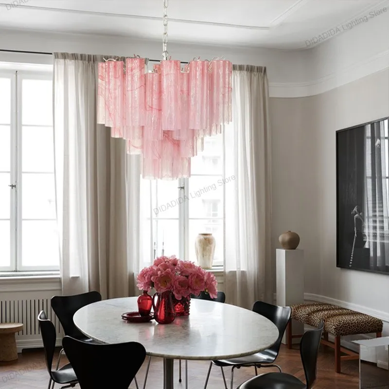 2026 New French Smoke Gray Murano Glass Lustre Chandelier, Star Tube Frosted Pendant Lamp for Villa, Light for Ceilings