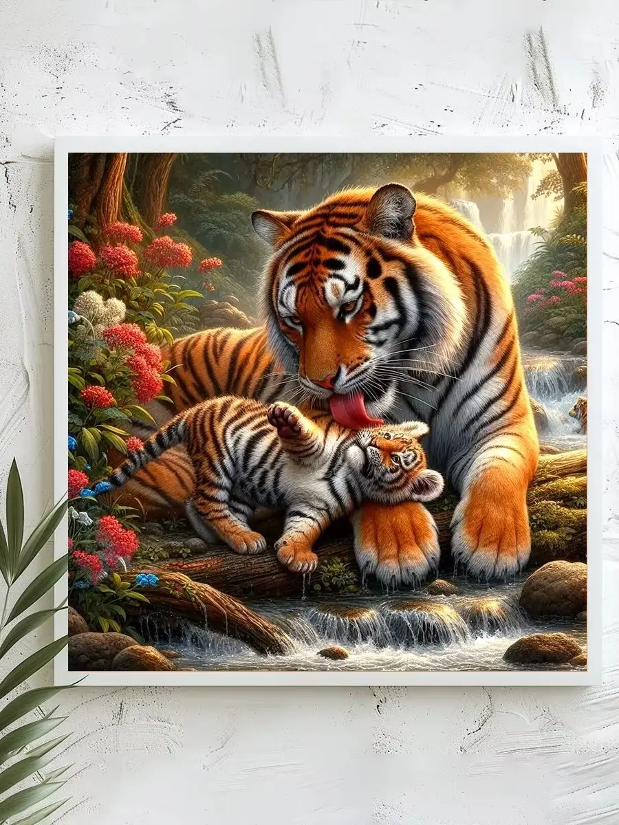 1 Stück 40x40 cm/15,74 Zoll, 11Ct/14Ct Kreuzstich-Set, DIY Valentinstagsgeschenk, Stickerei-Set für Festlichkeiten, Tigerjungeschen Bach – Detail 1