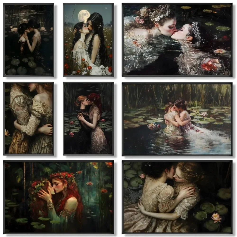 Póster gótico de lesbiana victoriana, pintura en lienzo de pareja de amor para novias, arte de pared estético para habitación, decoración oscura del hogar