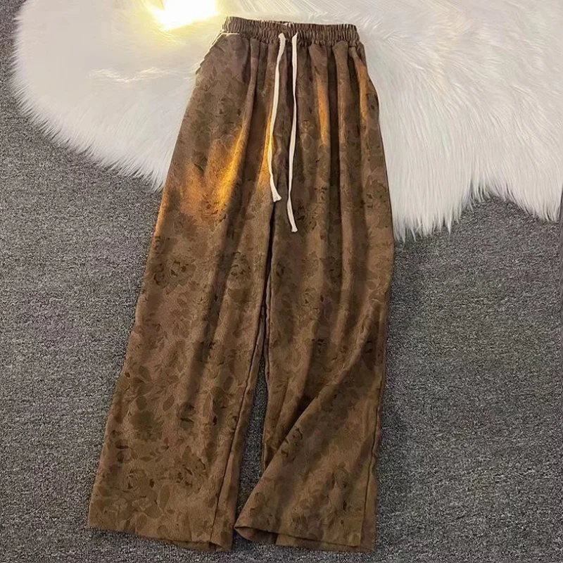 High Waist Wide Leg Pants Women Vintage Corduroy Printed Simple Loose BF Streetwear Designed New Autumn Leisure Long Trousers