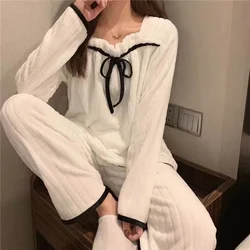 Women's Autumn Winter Pyjamas Flannel Long Sleeve Coral Velvet Square Collar Sleepwear Two-piece Set Cute Soft Home Wear Cl