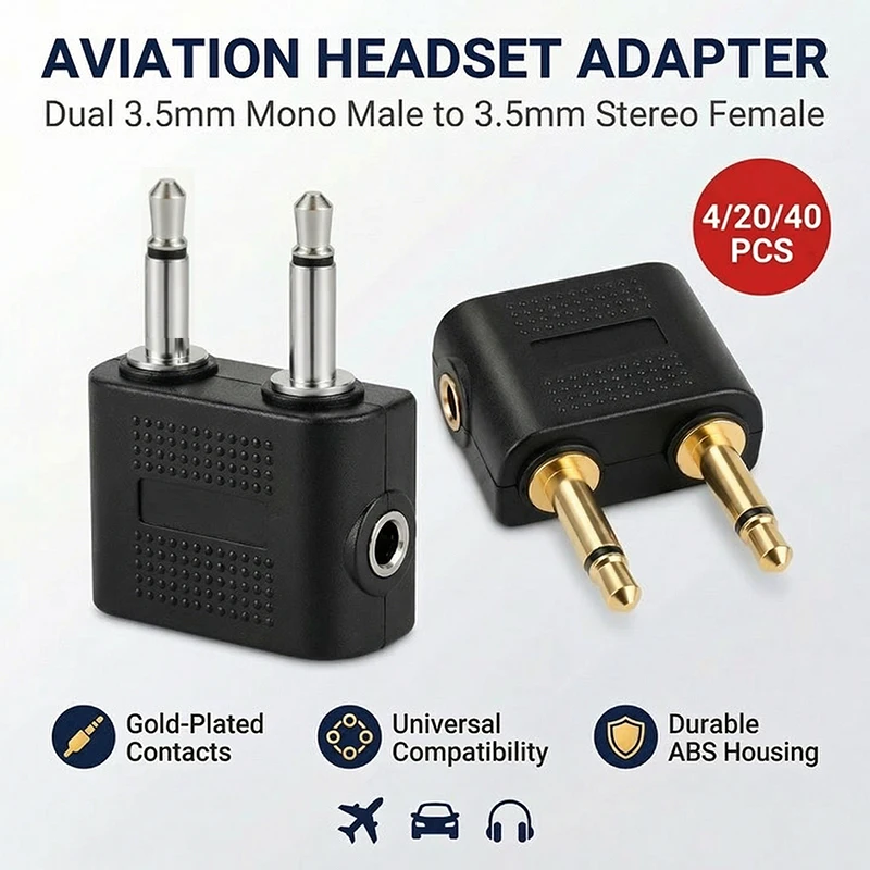 

4/20/40Pcs Aviation Headphone Adapter, 2x3.5mm Mono Male to 3.5mm Stereo Female Jack Converter for Airplane Audio Use