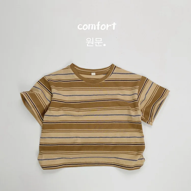 2024 Summer Boy Girl Baby Retro Striped Short Sleeves T-shirt Loose Children Pullover Shirt Kids Casual Tops Toddler Cotton Tees