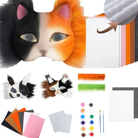 Kit maschera Therian Maschere vuote Mezza faccia Animale disegnato a mano Gatto Maschera volpe Mezza maschera Graffiti fatta a mano fai-da-te Regali di Natale per feste
