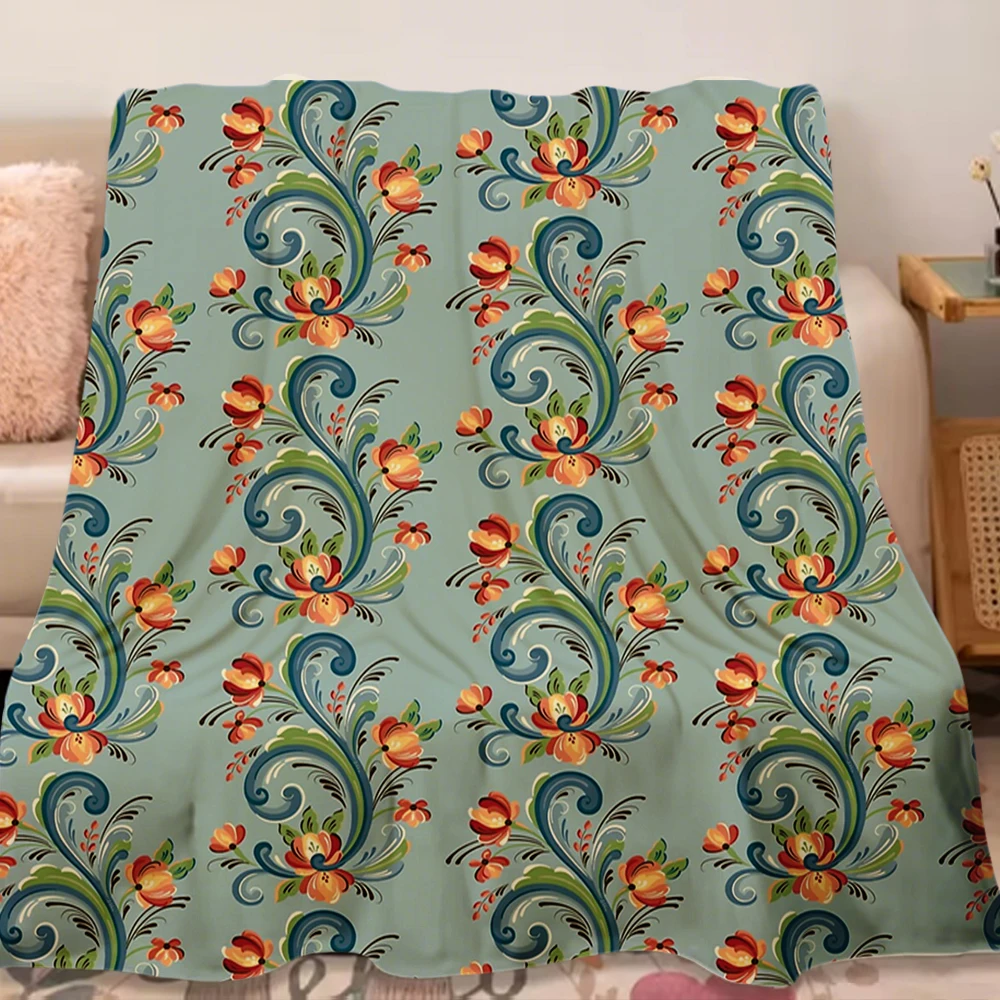 

flannel Cozy Blanket Rosemaling Blue and Red with moisture-wicking hypoallergenic Technology quilted bed runner Scandinavian