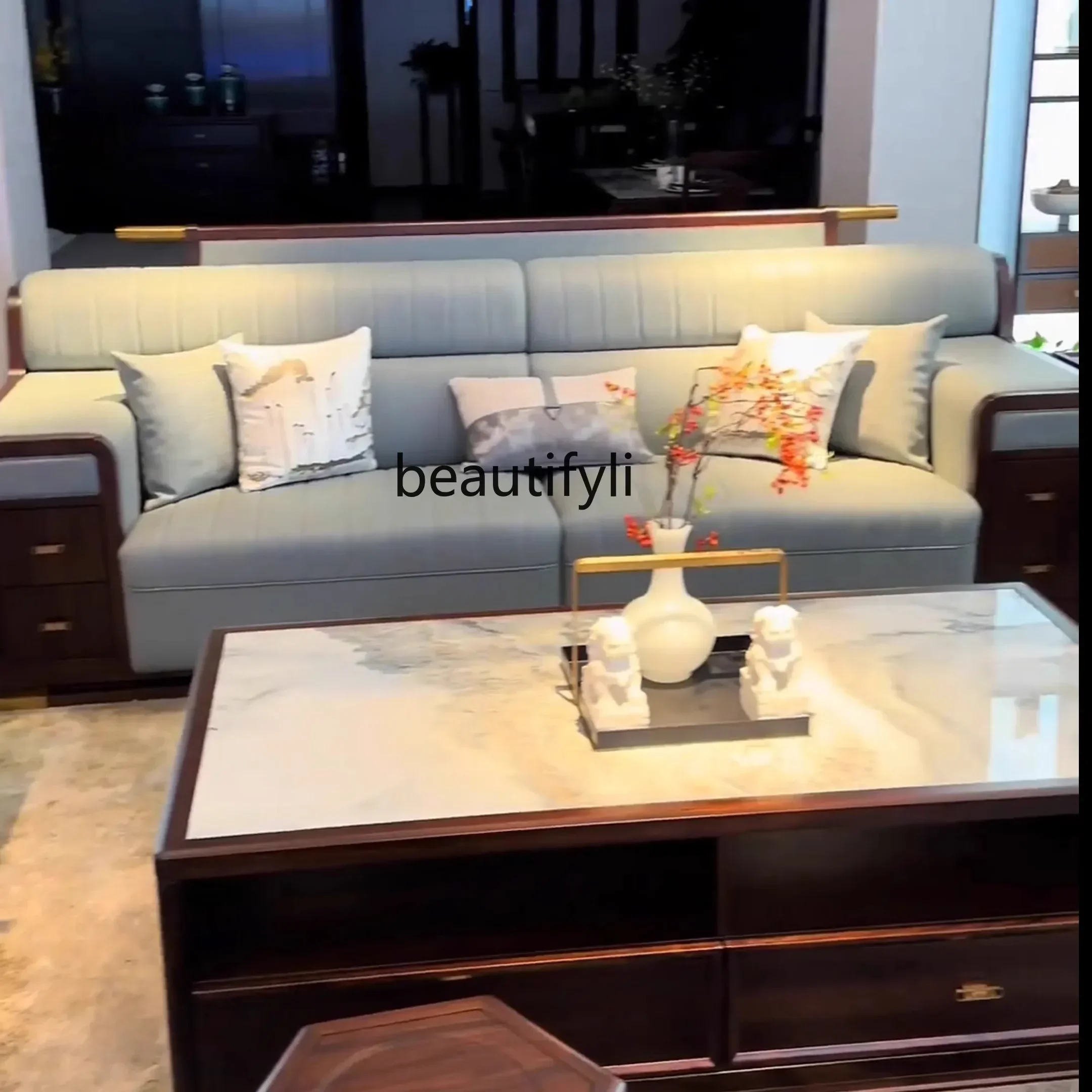 

New Chinese ebony leather sofa combination, large and small apartment living room solid wood furniture
