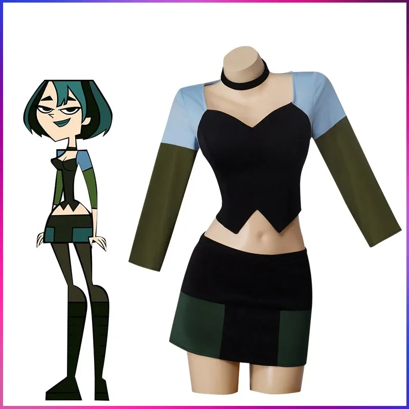 Total Drama Island Gwen Cosplay Costume Crop Top and Mini Skirts Full Set Halloween Carnival Outfits with Neckwear for Woman