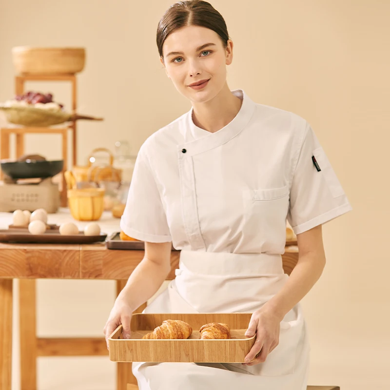 Manteau de Chef pour femmes, manches courtes, pâtisserie, Dessert, magasin de gâteaux, boulanger, veste de cuisinier blanche