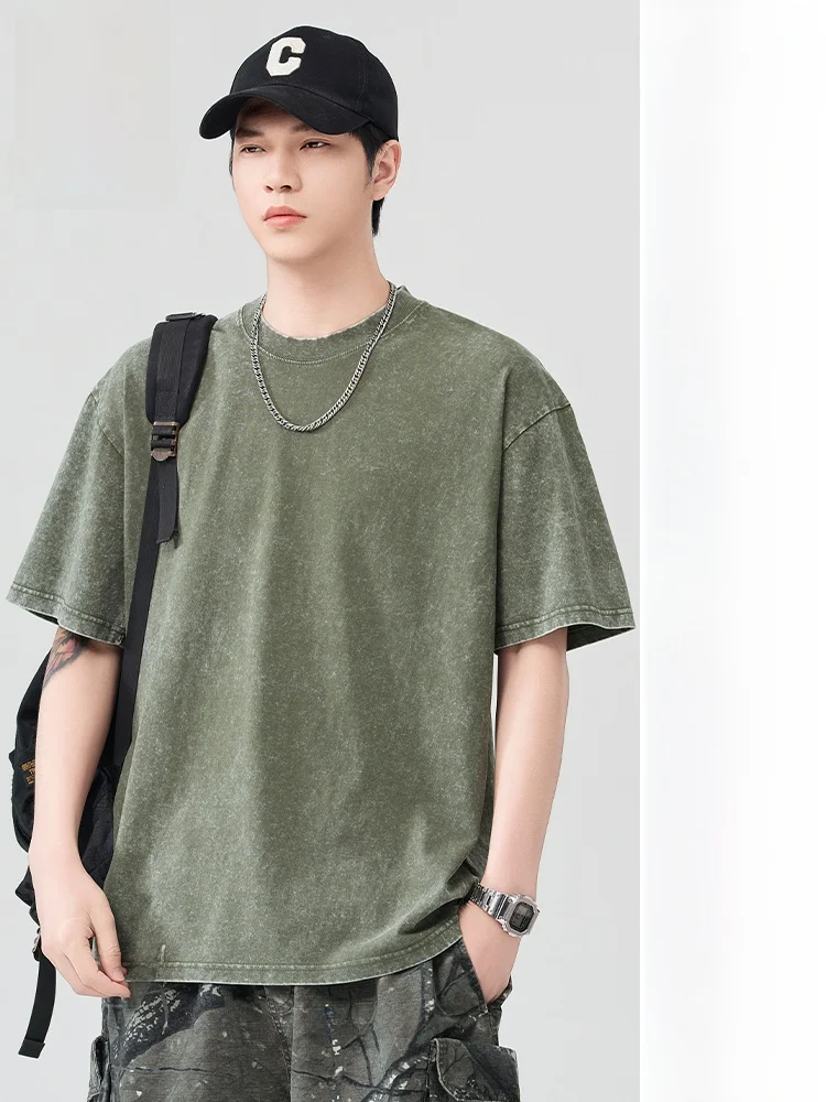 

PaulFrank Heavyweight Waed ort Sve Men's Summer American Retro Loose round Ne T-irt Base irt Breathable Thin Cotton