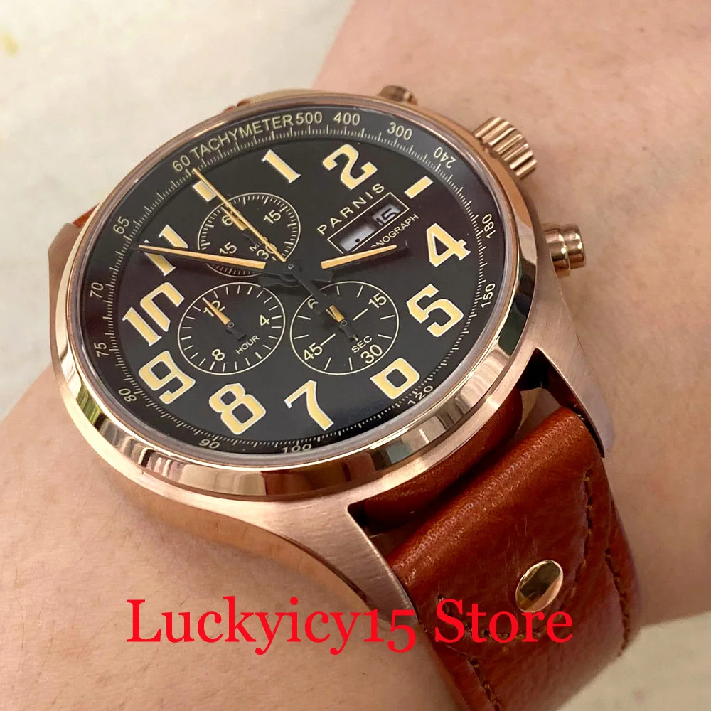 Parnis 44MM Quartz Movement Chronograph GMT Function Men\'s Watch Gold Watch Case Brown Leather Strap With Auto Date And Day