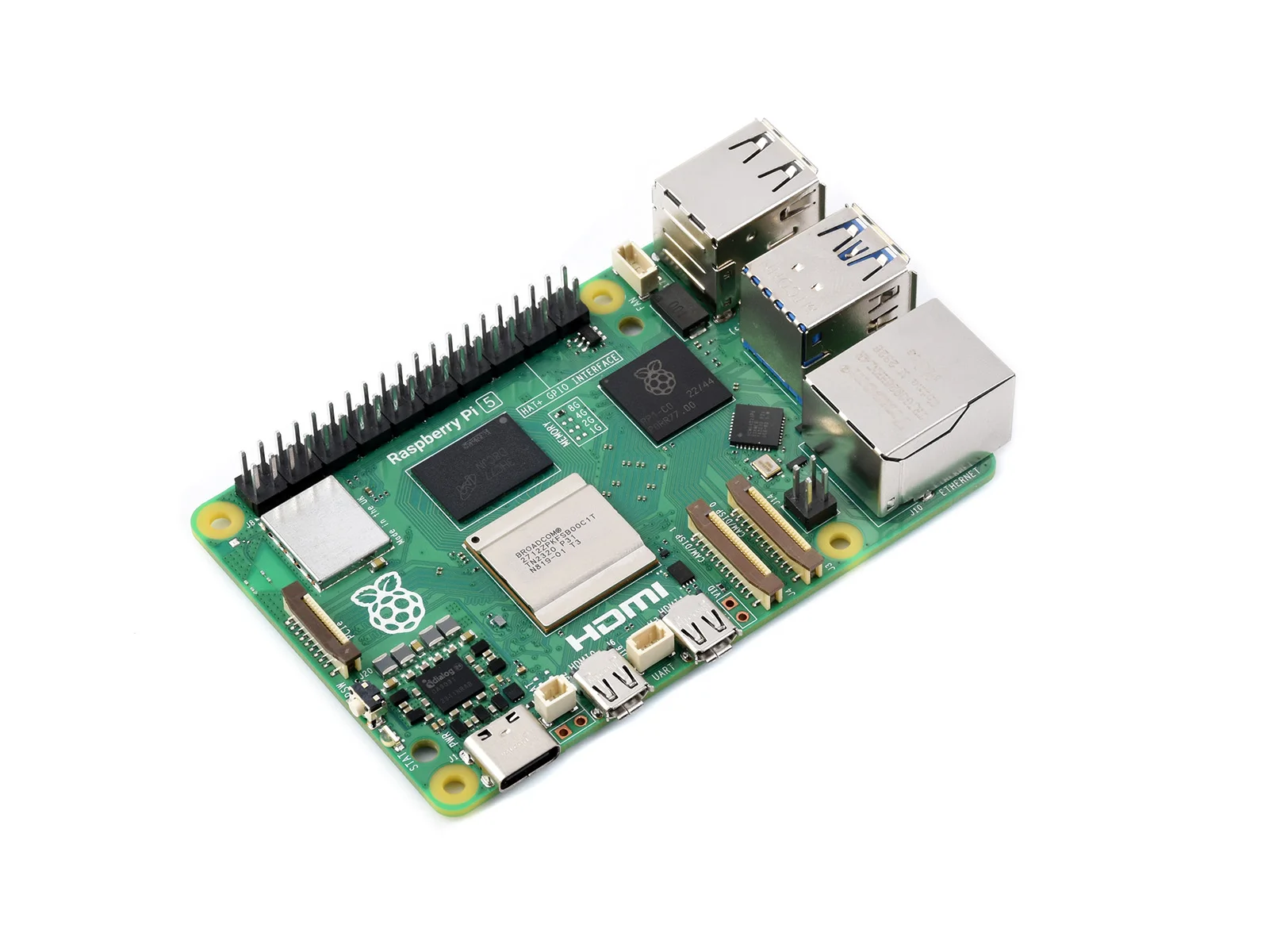 Raspberry Pi 5, Options for 2GB/4GB/8GB RAM, BCM2712 processor, 2.4GHz quad-core 64-bit Arm Cortex-A76 CPU, 40PIN GPIO Header