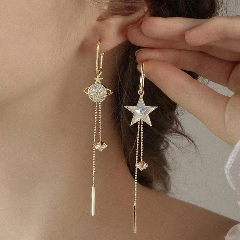 2pcs/Pair Golden Planet Earth Earrings, Detachable Long Dangling Asymmetrical Ear Wires, Unisex  High-End Jewelry Accessories for Men and Women