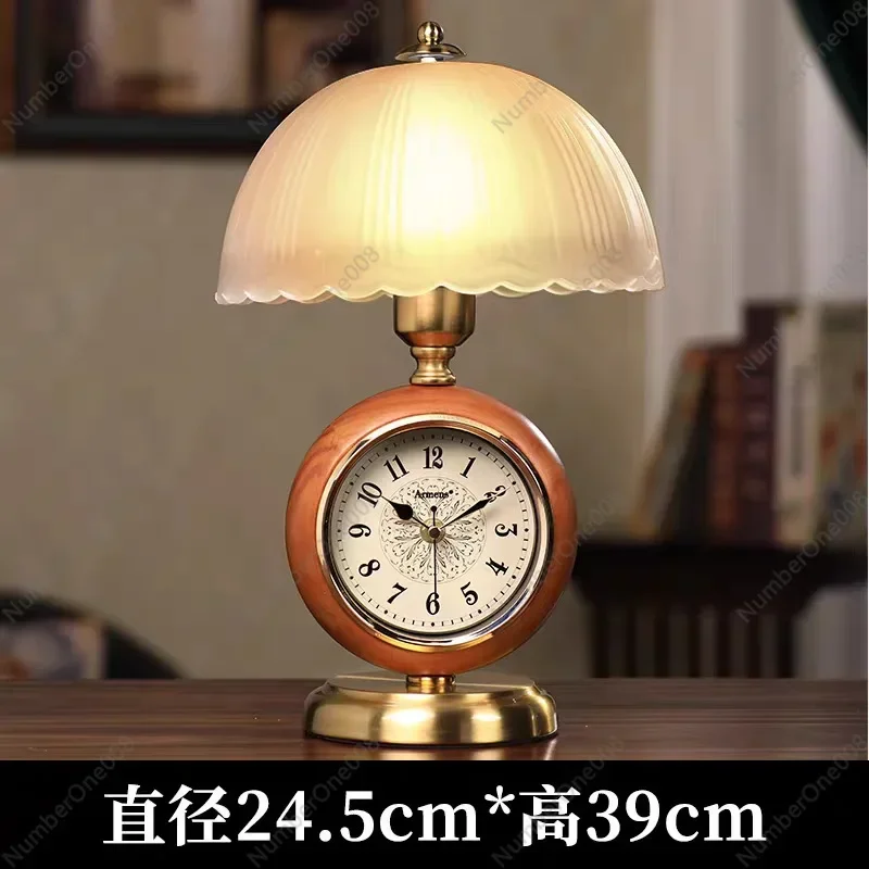 European New Chinese Retro Nostalgic Bedroom Table Lamp Seat Clock Study Living Room with Clock Decoration Bedside Table Lamp