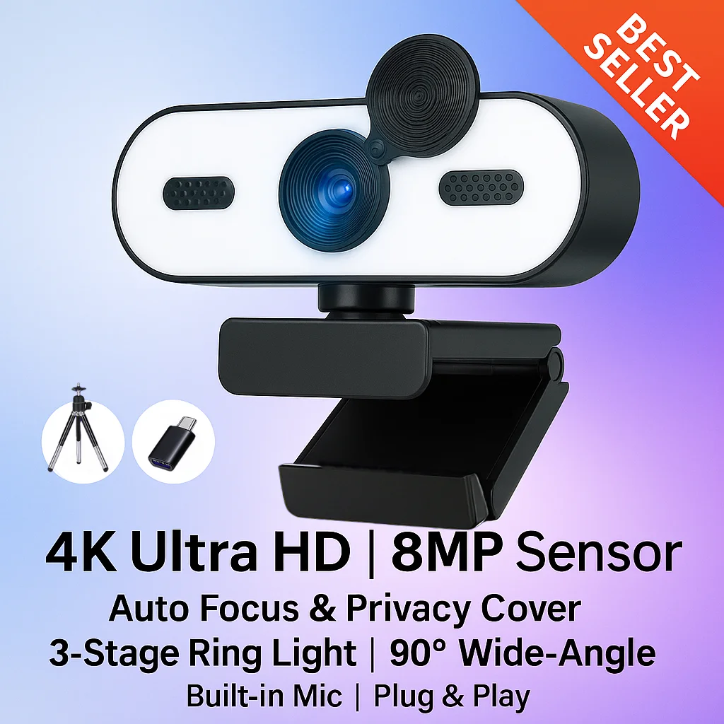 

Веб-камера 4K UHD с автофокусом, 3-уровневая кольцевая подсветка, конфиденциальная крышка, 360° ° Поворот, штатив, Plug & Play для потоковой передачи и видеозвонков