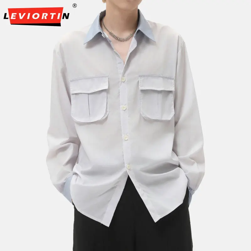 

Лето 2029, мужская модная линия, французская галстук-краска, подвесной карман, украшение, дизайн, чувство ленивого стиля, с лацканами, повседневная простая рубашка