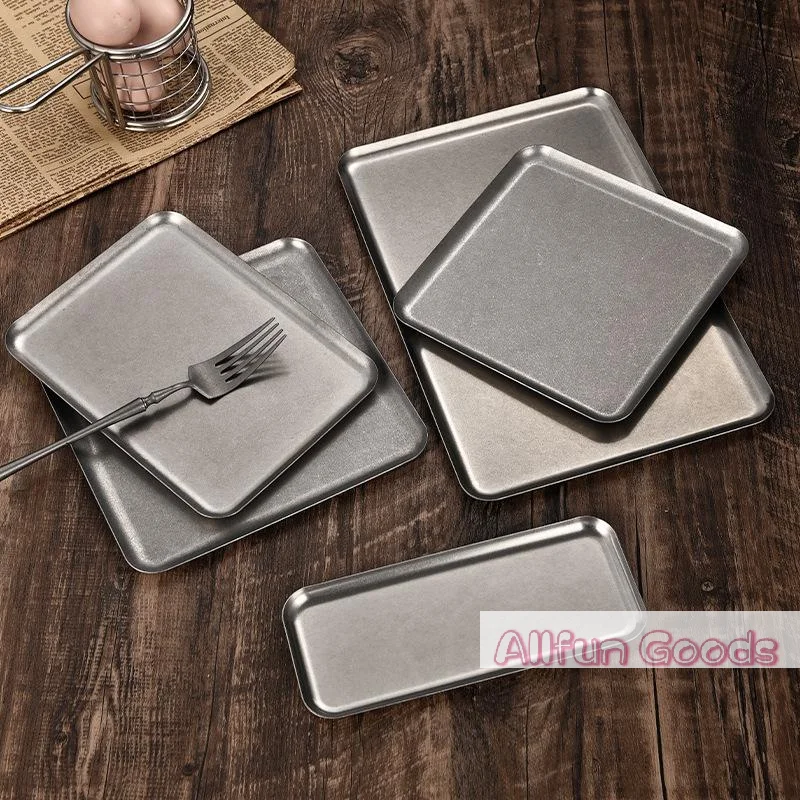 Vintage 304 Stainless Steel Snowflake Silver Square Tray Round Edge Dinner Plate Dessert Grill Tray Steak Plate Decorative Tray