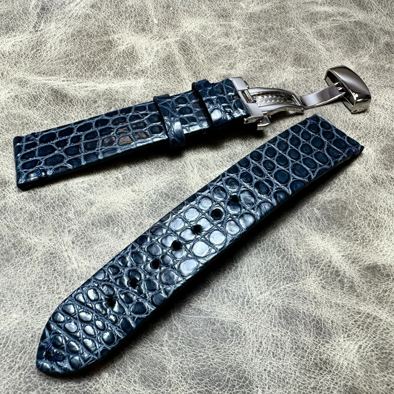 18mm 19mm 20mm 21mm 22mm Butterfly Buckle Crocodile Leather Watchband Dark Blue Genuine Alligator Watch Straps Bands Chain