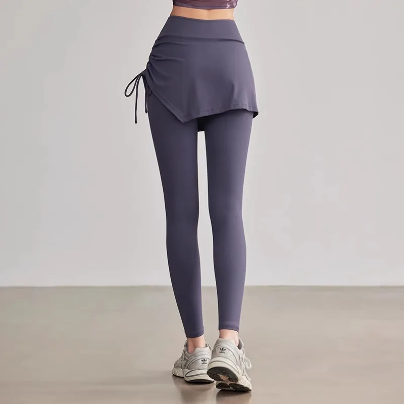 Fake Two Drawstring Sports Running Tight Yoga Pants for Women Covering Hips to Look Thinner Cycling High Waist and Abdominal T