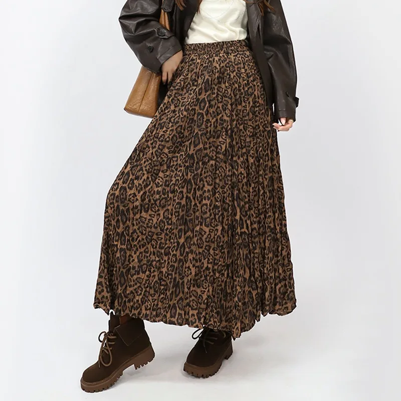 

Retro Leopard Floral Flower Printed Pleated Big Ham A-Line Maxi Skirt Women'S Autumn Spring High Waist Vintage Skirt Harajuku