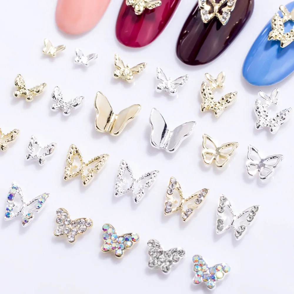 Mini Hollow Butterfly Nail Charms, Metal 3D, Prata, Ouro, Diamante, Pérola, Decoração de Unhas, DIY, Acessórios de Luxo, 10Pcs