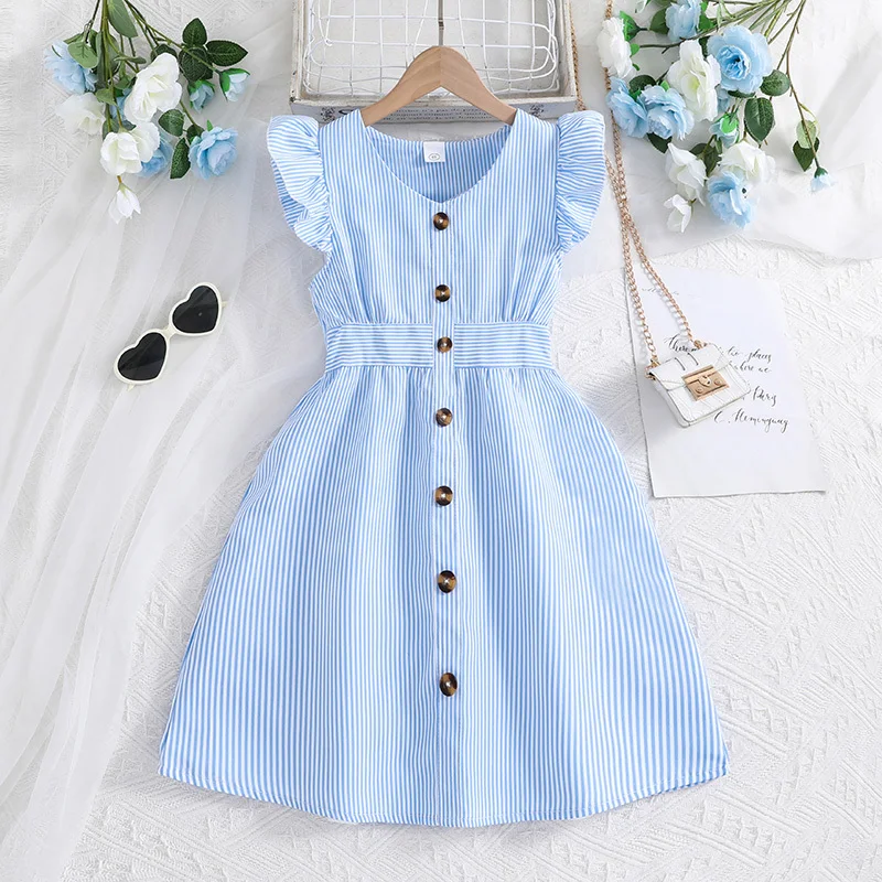 Girl Summer New Light Blue Stripe Ruffled Sleeveless V-Neck Dress Elegant Cute Daily Casual Vacation Preppy Style Outifits