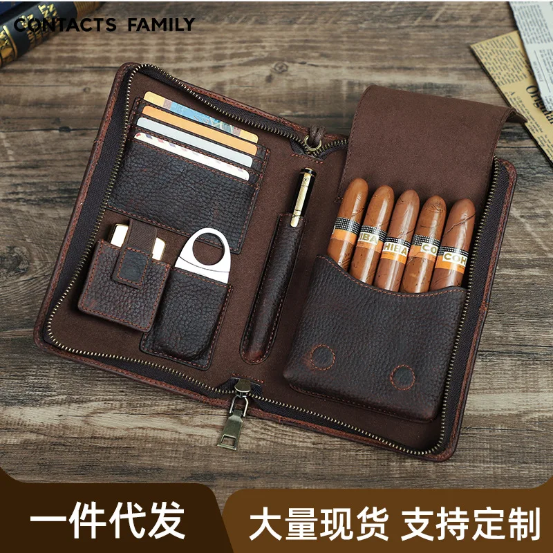 

5-pack genuine leather cigar box with wrist zipper, multifunctional travel convenience, cigar case leather cover